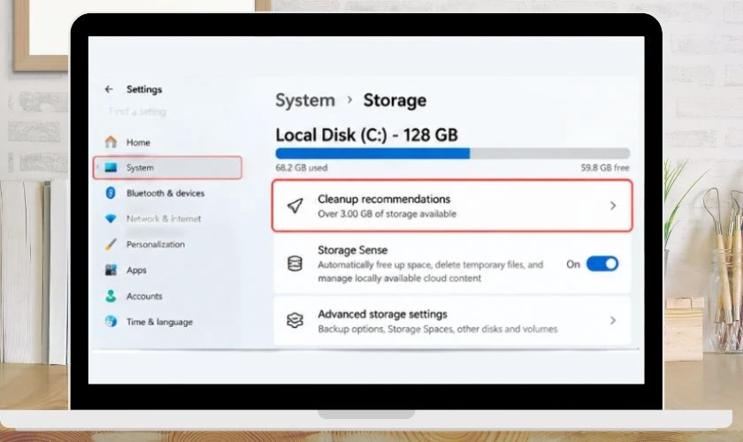 Mở Cleanup recommendations trong phần Storage để kiểm tra file tạm