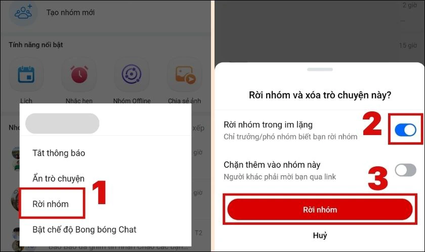 Nhấn vào Rời nhóm, bật chế độ Rời nhóm trong im lặng và chọn Rời nhóm