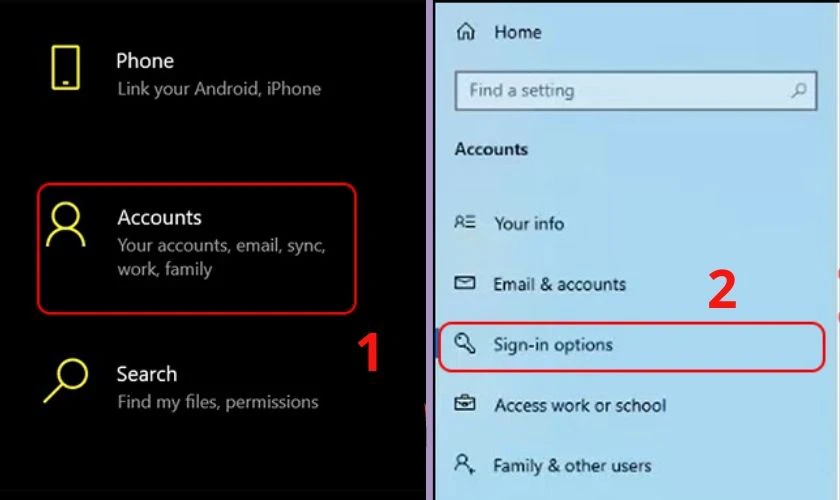 Nhấn vào mục Accounts rồi chọn Sign-in options