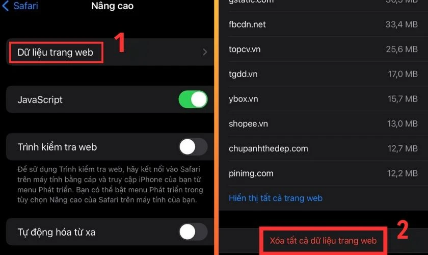 Chọn Dữ liệu trang web và chọn Xóa tất cả dữ liệu trang web