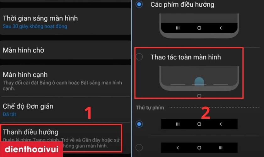 Nhấn v&agrave;o d&ograve;ng Thanh điều hướng v&agrave; chọn Thao t&aacute;c to&agrave;n m&agrave;n h&igrave;nh
