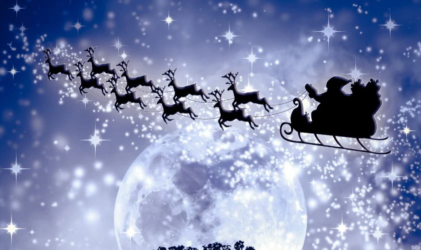 H&igrave;nh ảnh &ocirc;ng gi&agrave; Noel v&agrave; 9 con tuần lộc trong đ&ecirc;m tuyết