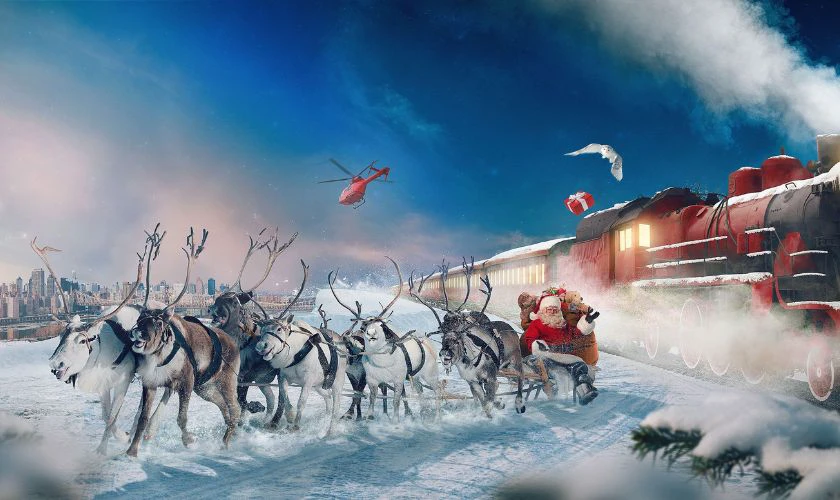 Tuần lộc rẽ gi&oacute;, đạp tuyết đi ph&aacute;t qu&agrave; với &ocirc;ng gi&agrave; Noel