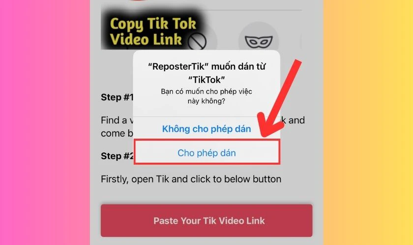 Bấm v&agrave;o Cho ph&eacute;p d&aacute;n tr&ecirc;n ứng dụng ReposterTik