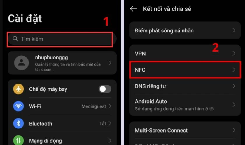 Tìm tùy chọn NFC bằng công cụ tìm kiếm