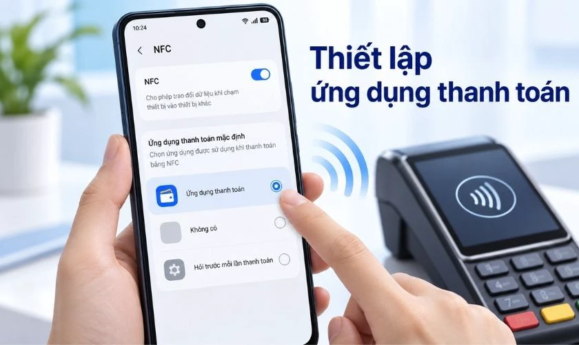 Nếu cần thanh toán không tiếp xúc, tiếp tục kiểm tra và thiết lập ứng dụng thanh toán mặc định tương thích trên điện thoại