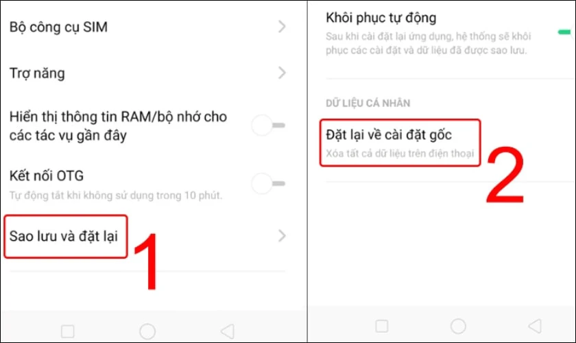 Chọn v&agrave;o mục Đặt lại về c&agrave;i đặt gốc