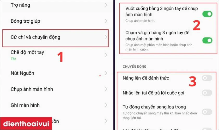 Nhấp v&agrave;o Cử chỉ v&agrave; chuyển động v&agrave; chọn c&aacute;c t&iacute;nh năng theo &yacute; muốn