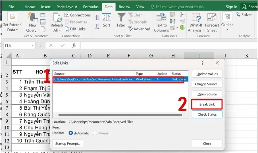 Chọn Break Link để thực hiện thao t&aacute;c x&oacute;a