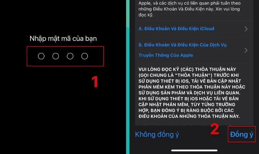 Nhập mật m&atilde; điện thoại của bạn, sau đ&oacute; bấm Đồng &yacute;