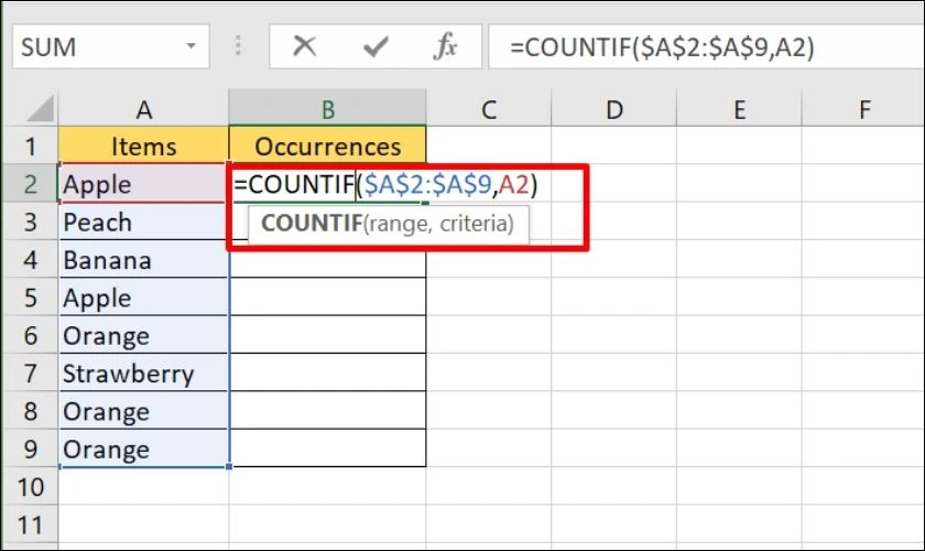Cách dùng hàm COUNTIF để lọc giá trị trùng lặp