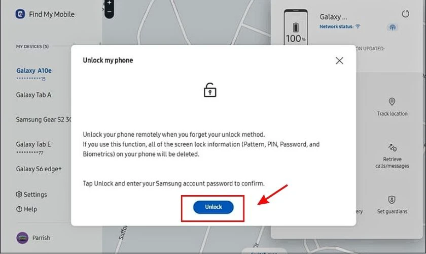 Trong giao diện, nhấn chọn Mở kh&oacute;a (Unlock)