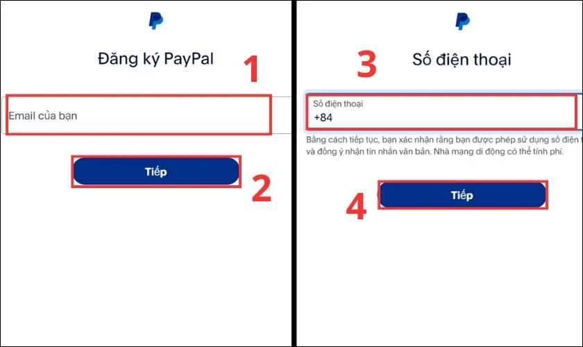 Nhập email, số điện thoại và nhấn Tiếp