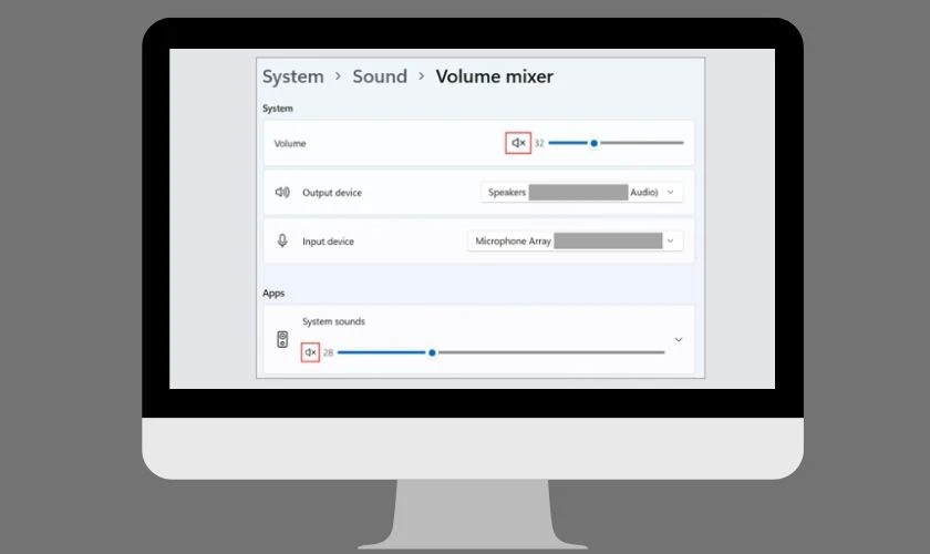 Trên Windows 11, có thể vào Bộ trộn âm lượng (Volume mixer) để kiểm tra