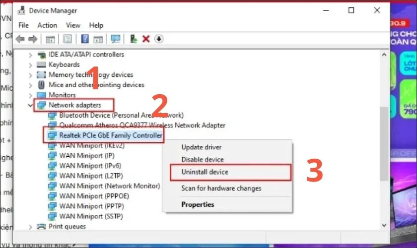 Gỡ và cài lại driver Ethernet