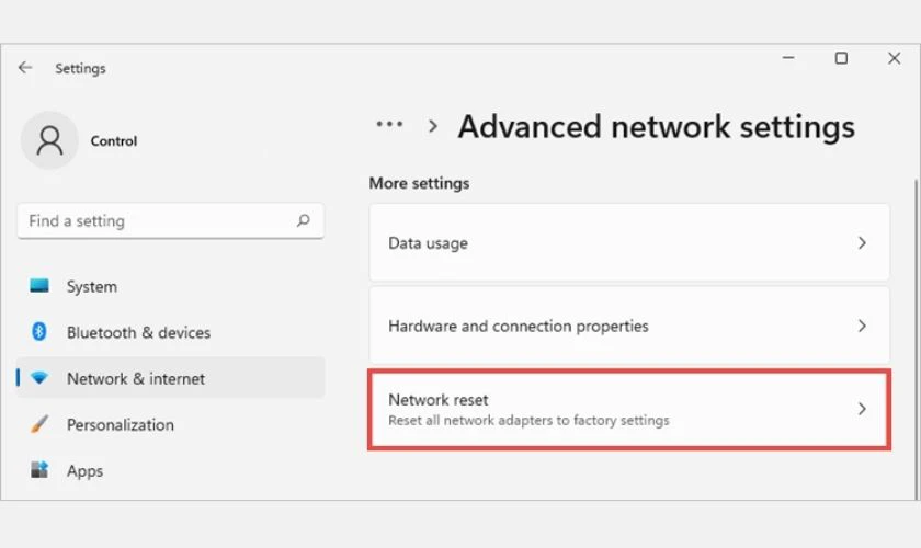 Chọn Network reset, nhấn Reset now