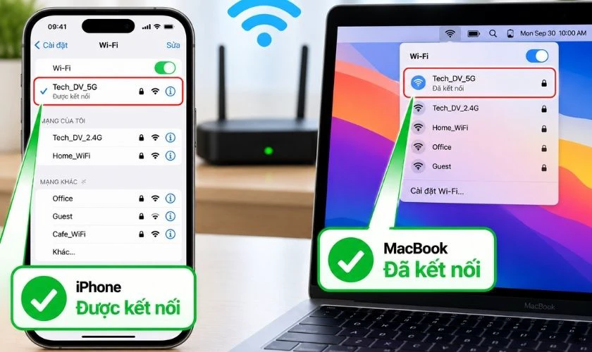 Kiểm tra kết nối WiFi trên iPhone và MacBook