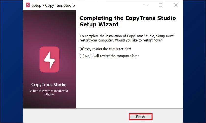 Chọn v&agrave;o Finish để ho&agrave;n tất qu&aacute; tr&igrave;nh c&agrave;i đặt CopyTrans