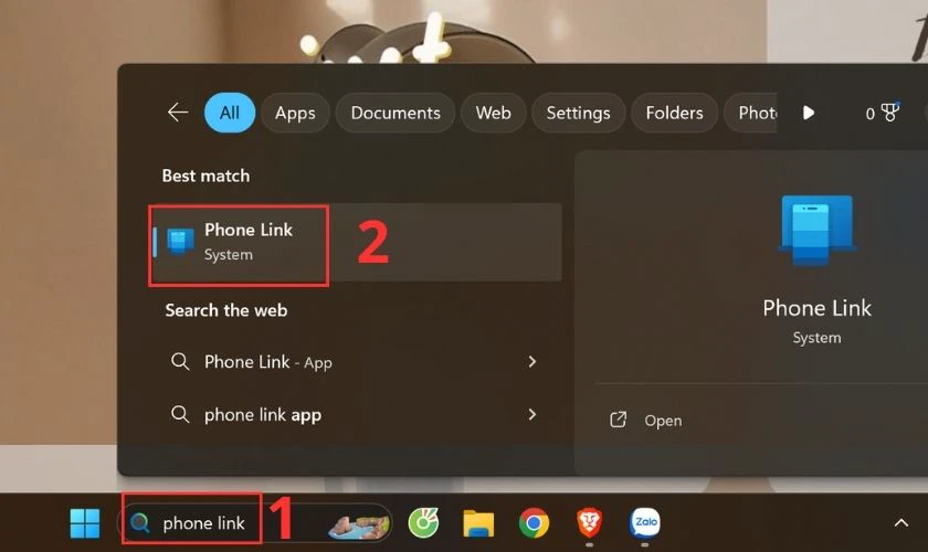 Nhập Phone Link v&agrave;o khung menu Search