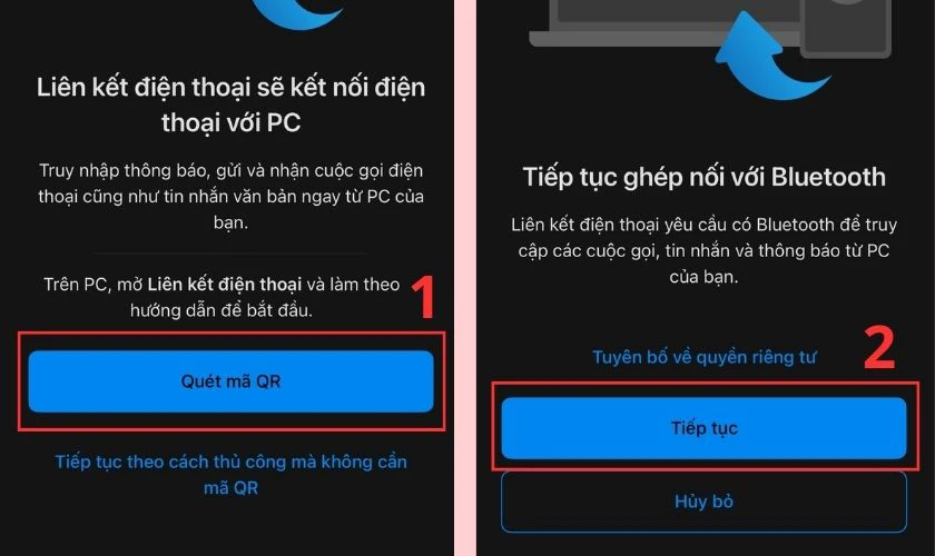 Mở ứng dụng Li&ecirc;n kết với Windows đ&atilde; tải về m&aacute;y rồi chọn Qu&eacute;t m&atilde; QR