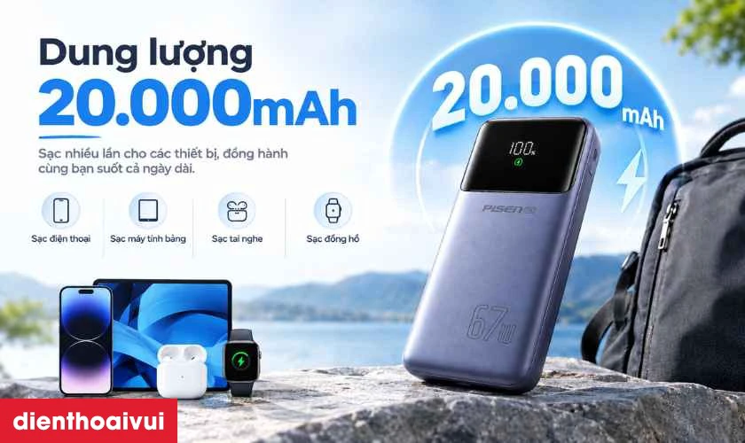 Pin dự phòng Pisen Bolt 67W 20.000mAh tích hợp cáp Type-C