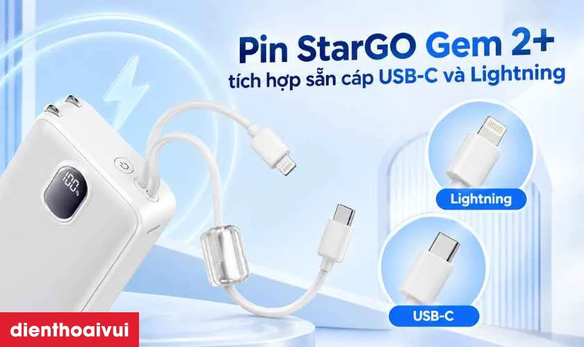 Pin dự ph&ograve;ng StarGO Gem 2+ 20000mAh 22.5W t&iacute;ch hợp c&aacute;p C+L, c&oacute; ch&acirc;n cắm sạc