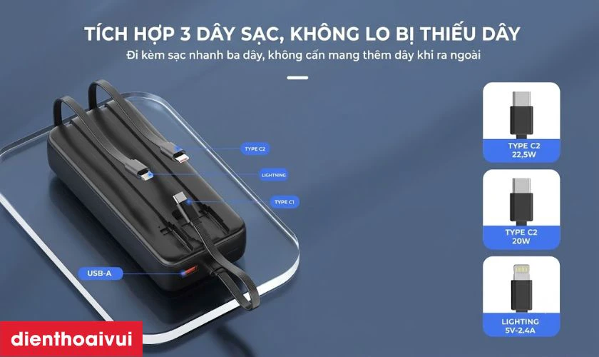 Pin dự ph&ograve;ng StarGO Gem Power 20000mAh 22.5W t&iacute;ch hợp c&aacute;p 2C+1L