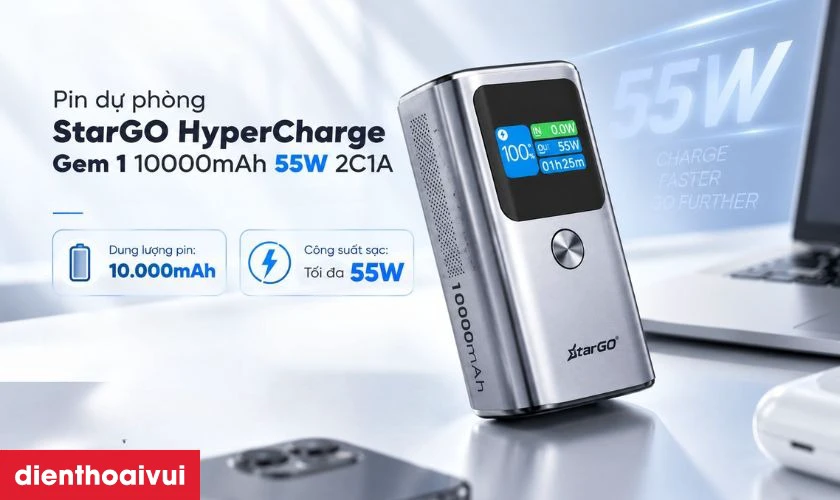 Pin dự ph&ograve;ng StarGO HyperCharge Gem 1 10000mAh 55W 2C1A