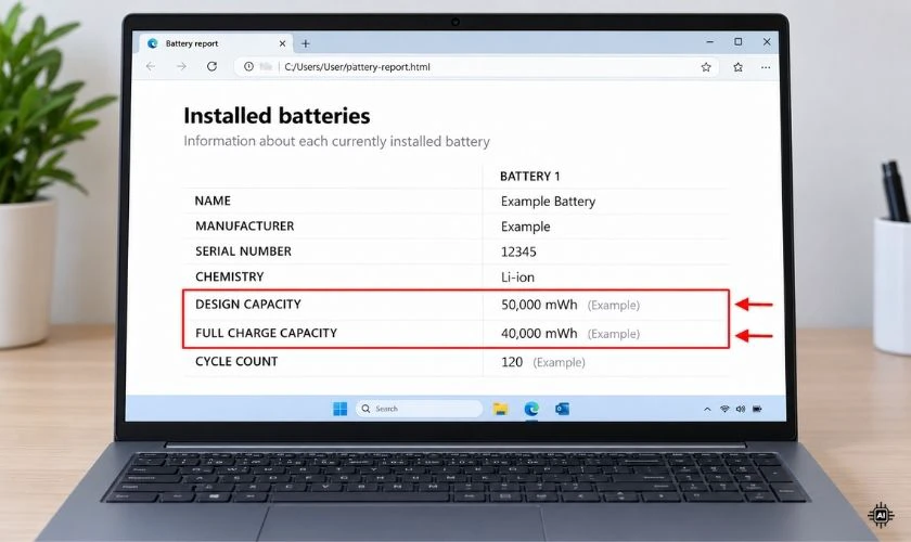 Tìm các mục Design Capacity và Full Charge Capacity để đối chiếu dung lượng pin