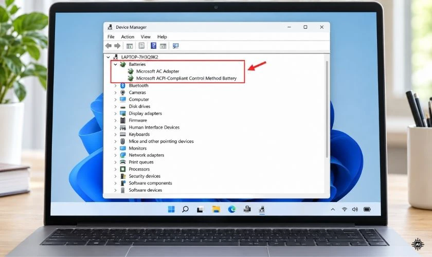 Mở mục Batteries và tìm các thiết bị liên quan, thường gồm Microsoft AC Adapter và Microsoft ACPI-Compliant Control Method Battery