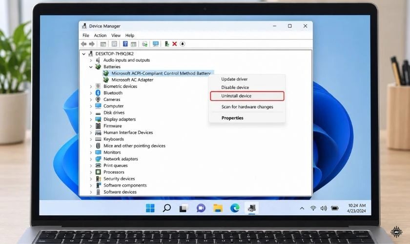 Nhấp chuột phải vào thiết bị pin phù hợp, chọn Uninstall device