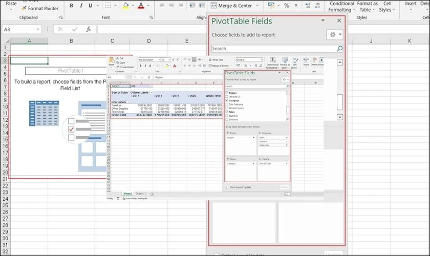 Pivot Table sẽ xuất hiện tại vị tr&iacute; bạn đ&atilde; chọn hoặc tr&ecirc;n một trang t&iacute;nh mới