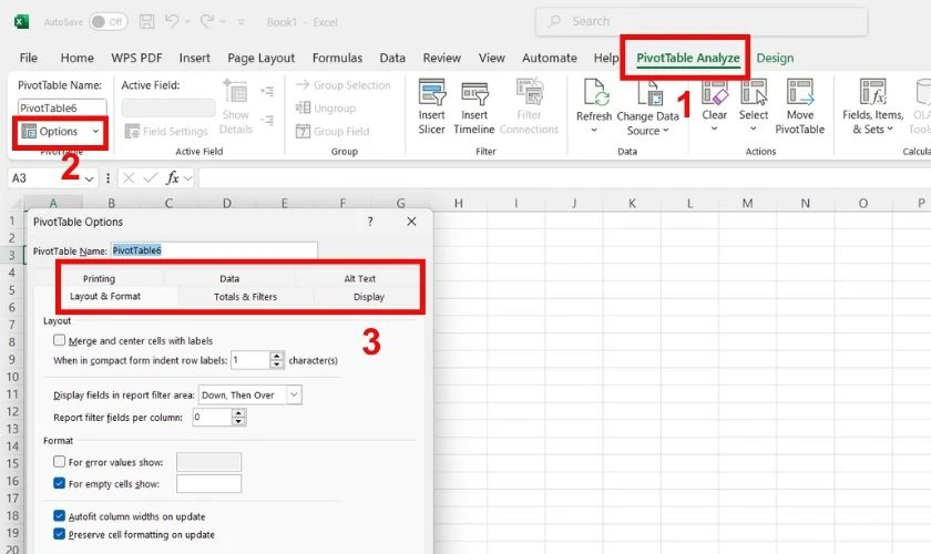 Để t&ugrave;y chỉnh c&aacute;ch hiển thị của Pivot Table, v&agrave;o tab PivotTable Analyze v&agrave; chọn Options
