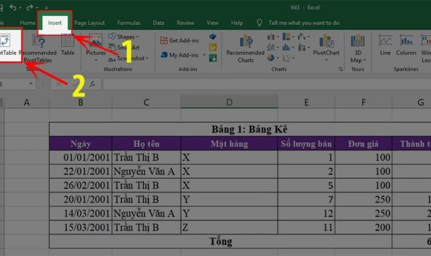 V&agrave;o tab Insert v&agrave; chọn PivotTable để tạo bảng PivotTable