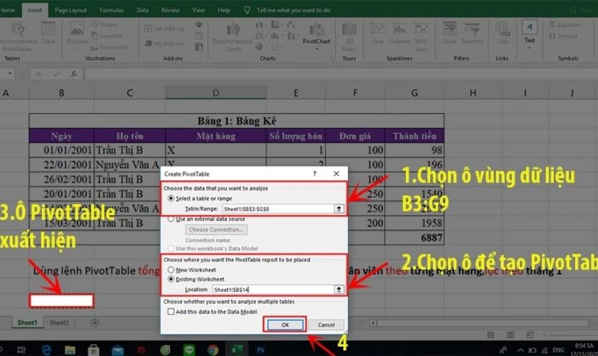 Trong &ocirc; PivotTable from table or range, chọn phạm vi dữ liệu, chọn một &ocirc; tr&ecirc;n trang t&iacute;nh