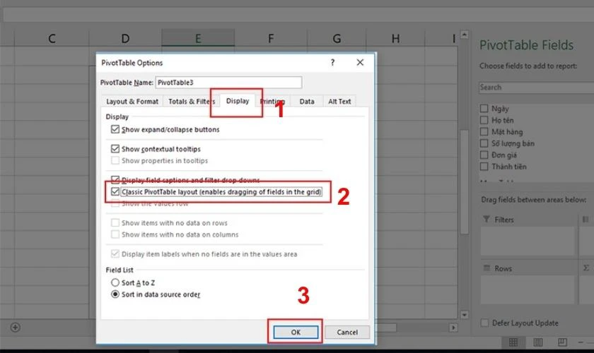 Chọn Classic PivotTable layout (enables dragging of fields in the grid) v&agrave; nhấn OK