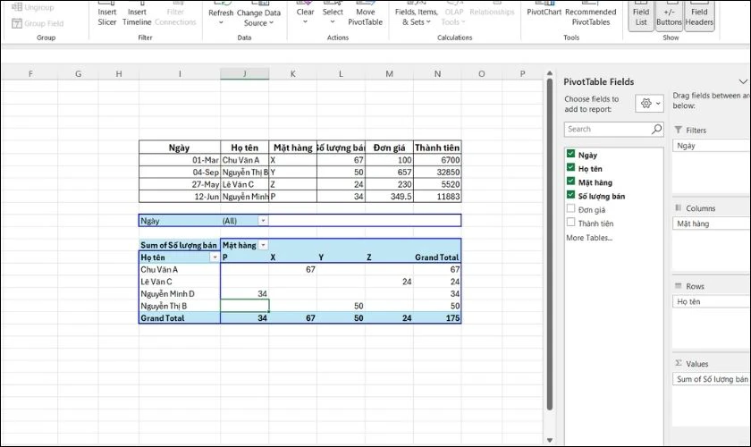 Đ&acirc;y l&agrave; bảng PivotTable sau khi đ&atilde; k&eacute;o v&agrave; sắp xếp c&aacute;c trường dữ liệu v&agrave;o đ&uacute;ng vị tr&iacute;