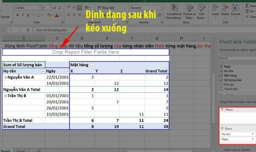 Sau khi k&eacute;o cột Ng&agrave;y v&agrave;o Rows, định dạng của bảng PivotTable sẽ thay đổi
