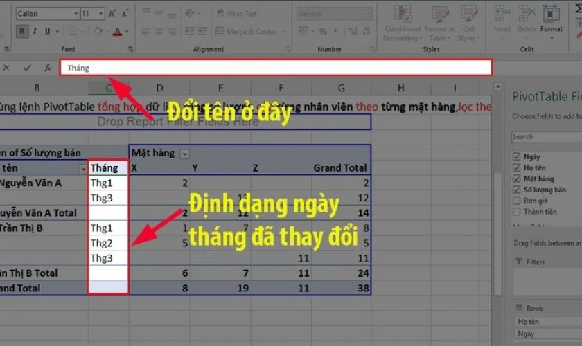 Đổi t&ecirc;n cột Ng&agrave;y vừa nh&oacute;m th&agrave;nh Th&aacute;ng