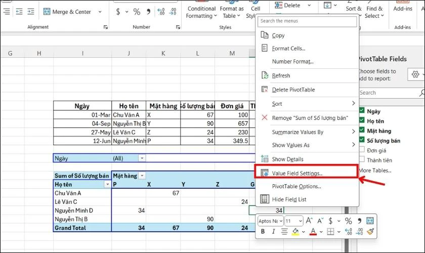 C&aacute;ch l&agrave;m việc với gi&aacute; trị Pivot Table