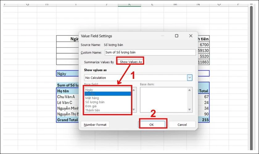 Thay đổi c&aacute;ch hiển thị gi&aacute; trị trong Pivot Table