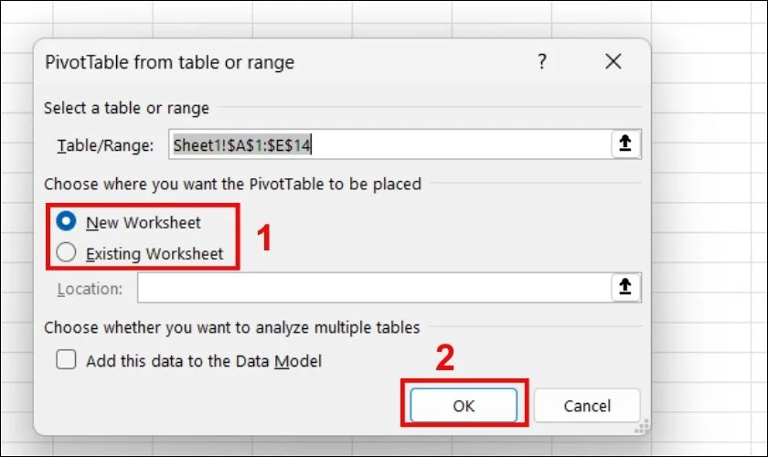 Chọn tạo Pivot Table ở trang mới hoặc trang hiện tại, nhấn OK