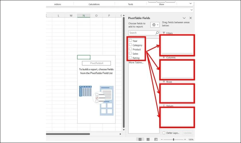 K&eacute;o thả c&aacute;c trường dữ liệu v&agrave;o Rows, Columns, Values, Filters