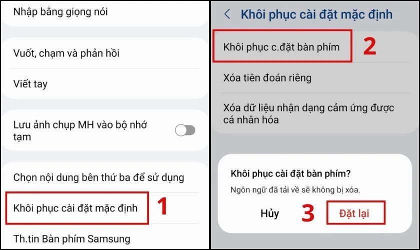 Chọn Khôi phục cài đặt bàn phím và nhấn Đặt lại