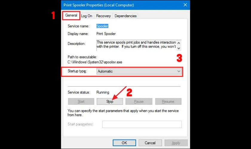 Tại tab General, nhấn Stop để dừng dịch vụ