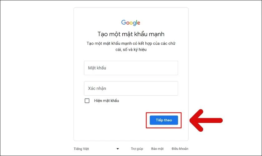 Nhập mật khẩu cho t&agrave;i khoản v&agrave; nhấn v&agrave;o Tiếp theo