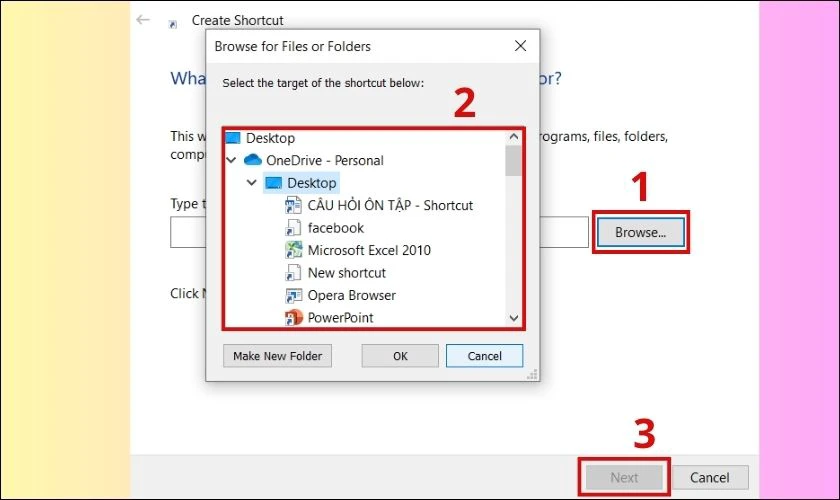 L&uacute;c n&agrave;y, m&agrave;n h&igrave;nh sẽ xuất hiện &ocirc; Create Shortcut