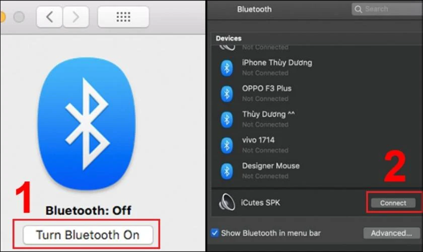 Nhấn v&agrave;o n&uacute;t Turn Bluetooth on để bật Bluetooth