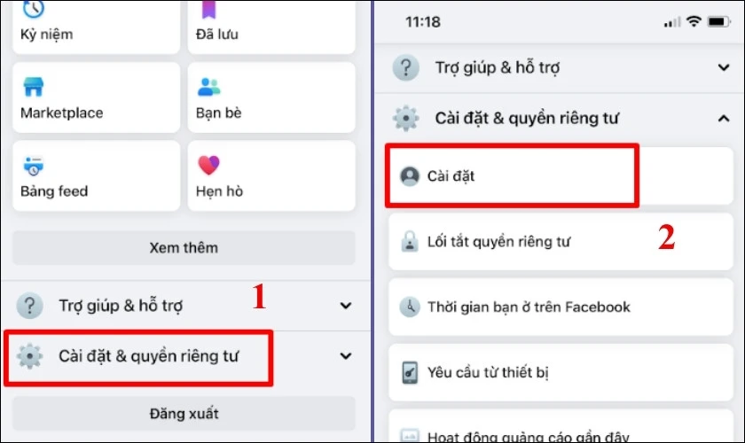 Nhấn chọn C&agrave;i đặt & quyền ri&ecirc;ng tư v&agrave; nhấn chọn C&agrave;i đặt
