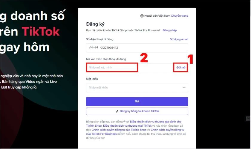 Nhập m&atilde; x&aacute;c nhận được gửi từ TikTok Seller